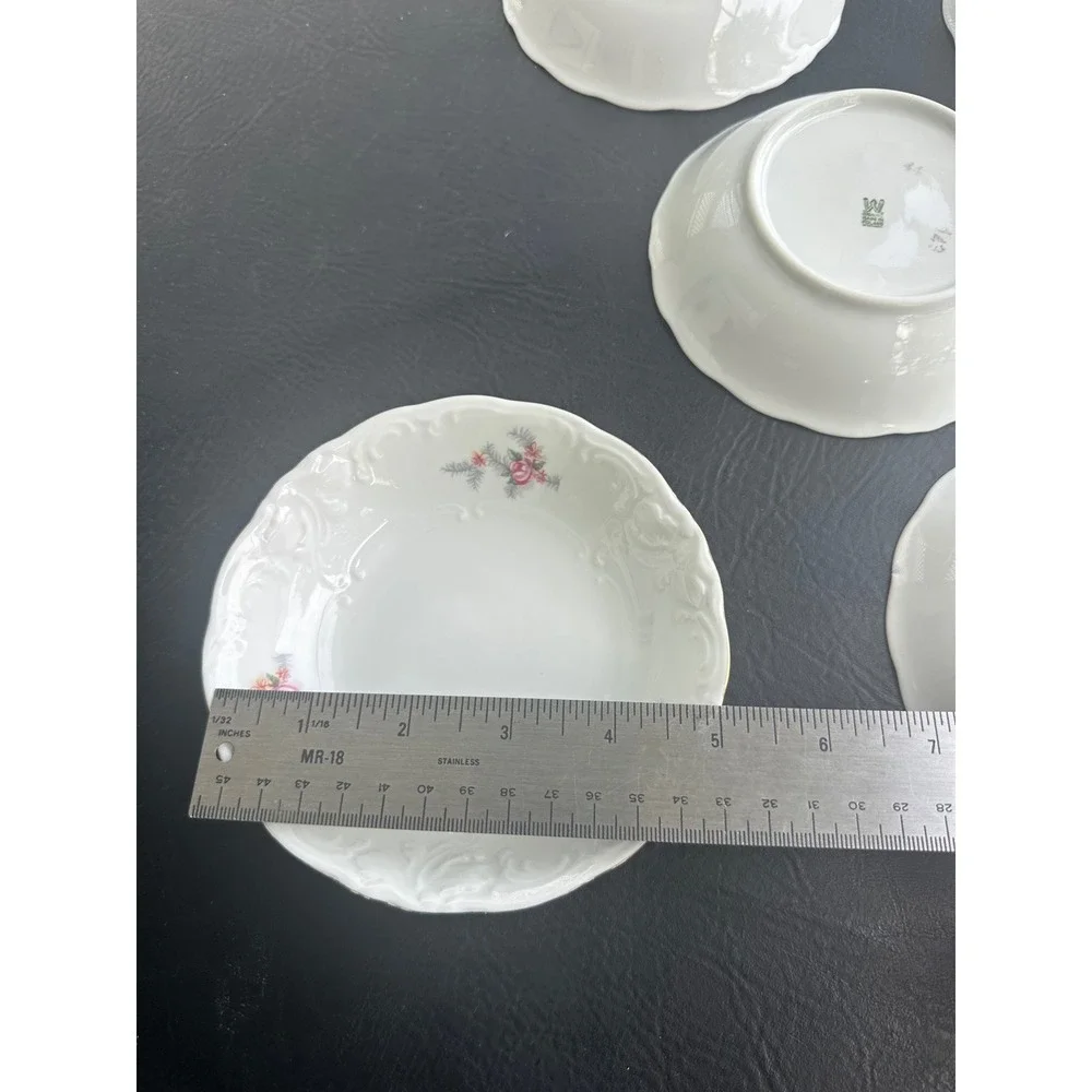 Set of 7 Wawel Poland Porcelain Fruit Bowls White‎ Pink Rose Scalloped Gold Rim